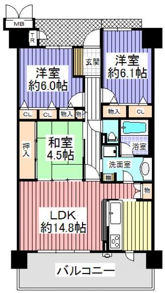 Floor plan. 3LDK, Price 25,300,000 yen, Occupied area 74.29 sq m , Balcony area 13.3 sq m step with no full-flat design