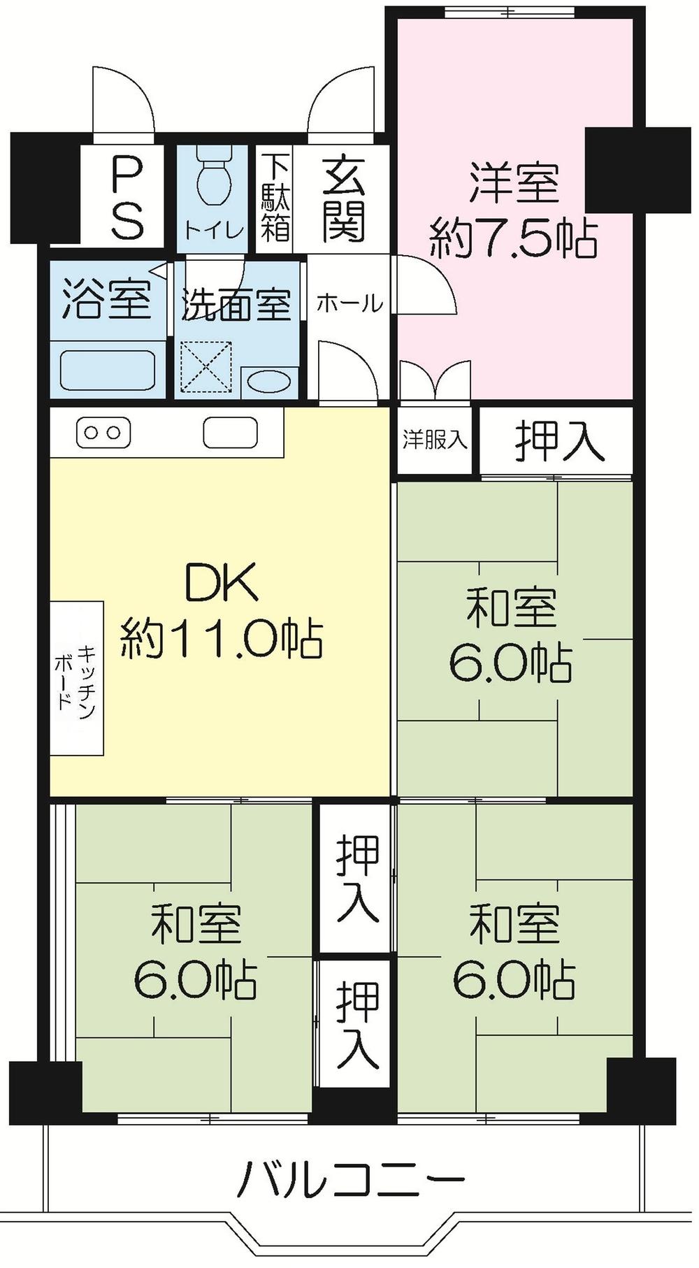 Floor plan. 4DK, Price 15 million yen, Occupied area 81.61 sq m , Balcony area 9.1 sq m