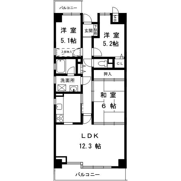 Floor plan. 3LDK, Price 18.5 million yen, Occupied area 69.46 sq m , Balcony area 11.04 sq m