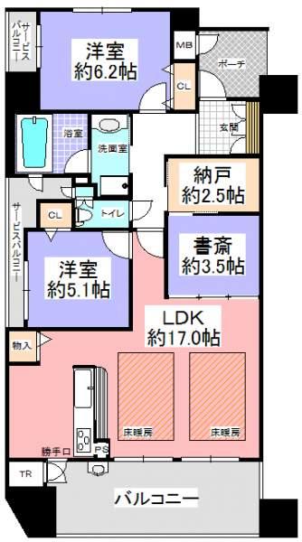 Floor plan. 3LDK+S, Price 38,500,000 yen, Occupied area 75.05 sq m , The balcony area 11.74 sq m LDK offers floor heating dihedral
