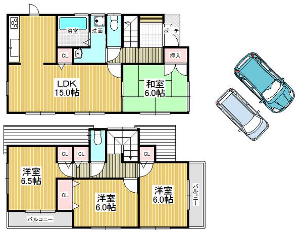 Floor plan. 34,300,000 yen, 4LDK, Land area 120.94 sq m , Building area 95.58 sq m all room 6 tatami mats or more, Spacious living space with storage space