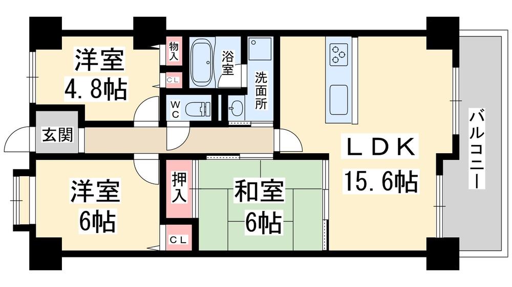 Floor plan. 3LDK, Price 14.5 million yen, Footprint 61.4 sq m , Balcony area 7.56 sq m