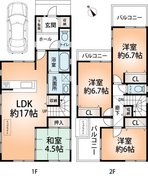Floor plan. 34,500,000 yen, 4LDK, Land area 90.15 sq m , It features Japanese-style room is in building area 97.2 sq m LDK, You can stay in a wide space with a sense of unity.