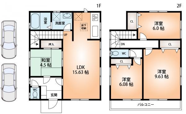 Floor plan. 34,800,000 yen, 4LDK, Land area 114.5 sq m , Building area 99.78 sq m car park two possible. 4LDK + word span balcony.