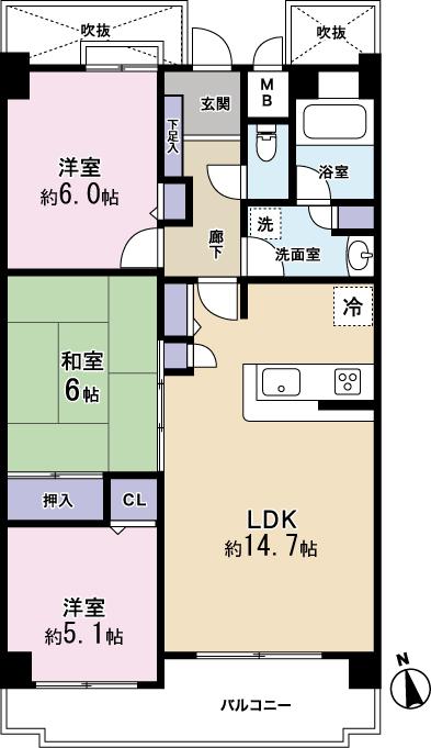 Floor plan. 2LDK + S (storeroom), Price 21,800,000 yen, Occupied area 72.96 sq m , Balcony area 14.41 sq m