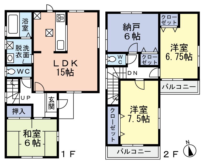 Floor plan. (Building 2), Price 35,800,000 yen, 4LDK, Land area 87.59 sq m , Building area 96.88 sq m
