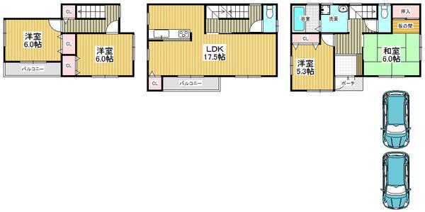 Floor plan. 29,800,000 yen, 4LDK, Land area 92.3 sq m , Building area 104.48 sq m parking space two Allowed, Comfortable new life in the enhancement equipment!