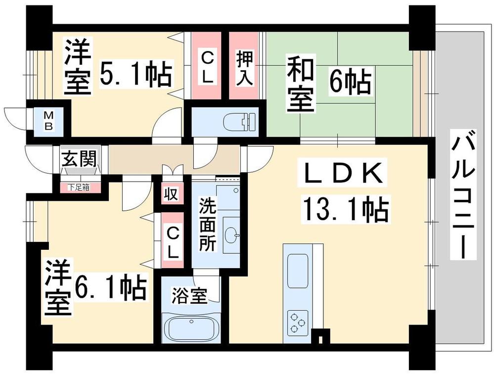 Floor plan. 3LDK, Price 16.8 million yen, Occupied area 67.57 sq m , Balcony area 13.5 sq m floor plan