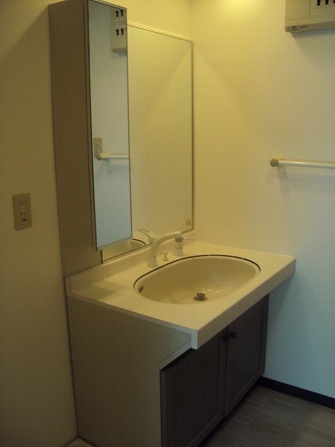 Washroom. Clean wash basin of a large mirror