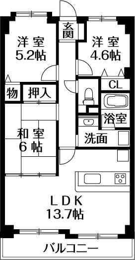 Floor plan. 3LDK, Price 14.5 million yen, Occupied area 64.54 sq m , Balcony area 8.1 sq m