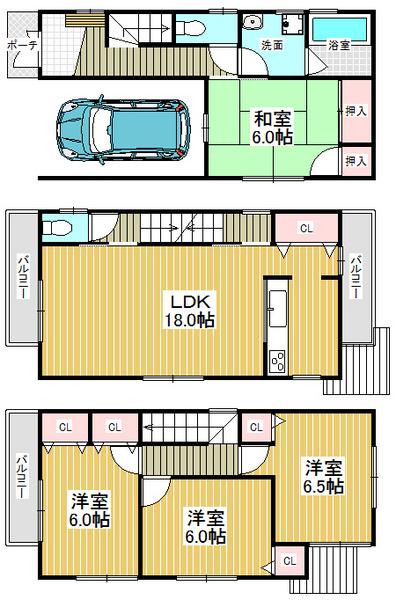 Floor plan. 24,900,000 yen, 4LDK, Land area 74.38 sq m , Building area 117.63 sq m built-in garage, All room 6 tatami mats or more ・ It is a three-story 4LDK with storage space