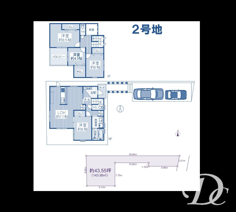 Compartment view + building plan example. Building plan example, Land price 22,300,000 yen, Land area 143 sq m , Building price 15.5 million yen, Building area 104.89 sq m