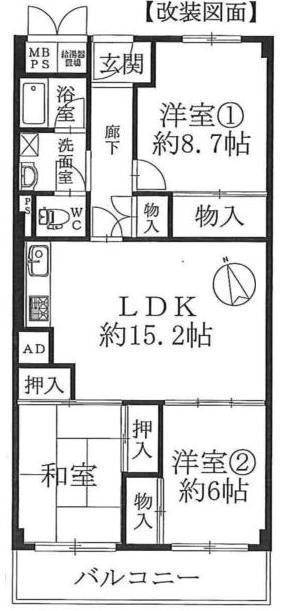 Floor plan. 3LDK, Price 9.9 million yen, Footprint 80 sq m , Balcony area 7.68 sq m footprint 80.00 sq m