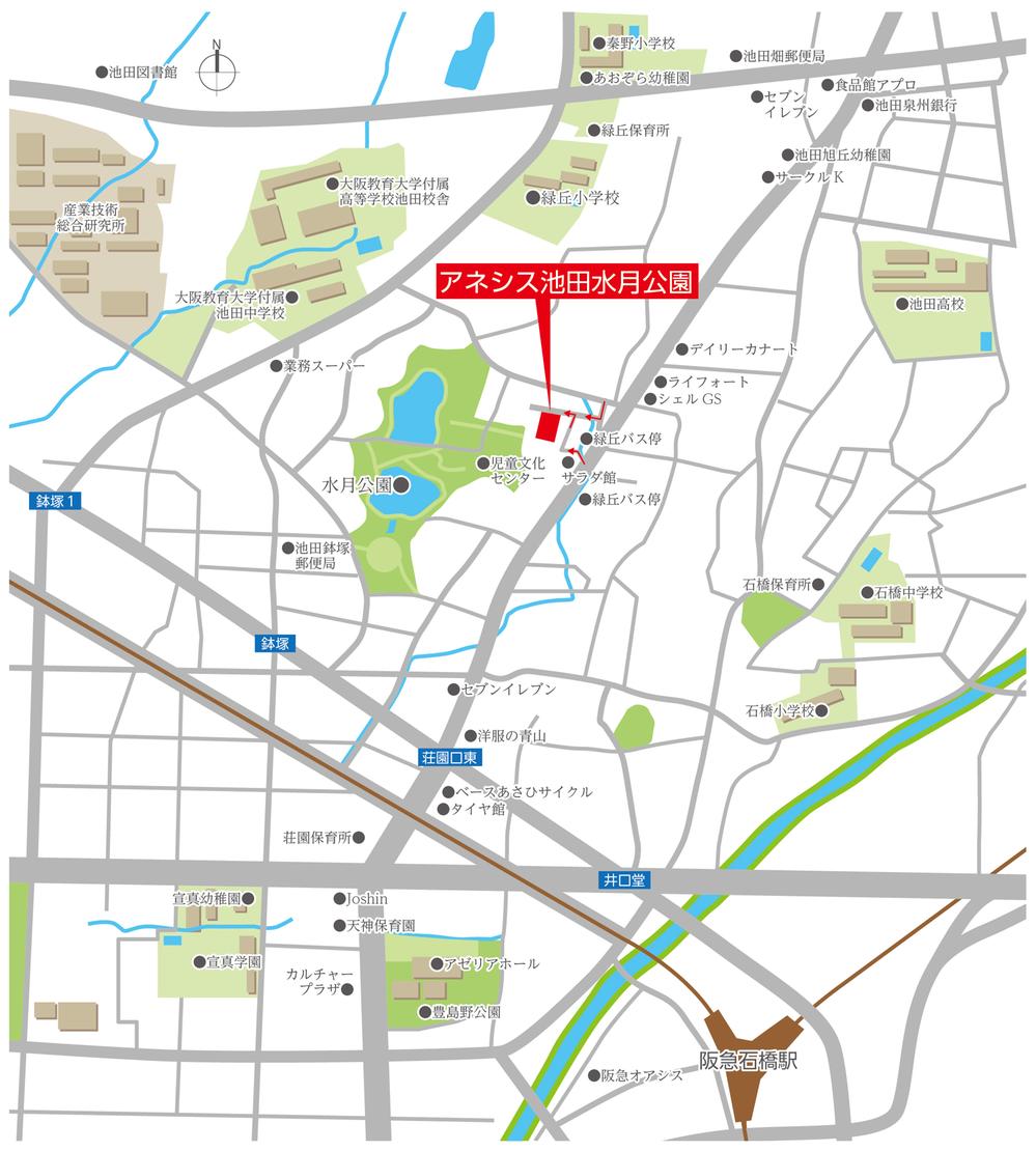 Local guide map. Walk from Hankyu Ishibashi Station 16 minutes. Express station Umeda up to 17 minutes.