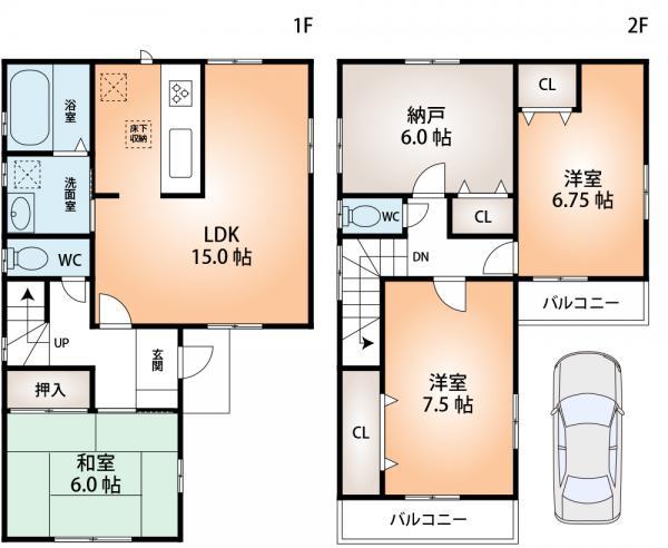 Floor plan. 35,800,000 yen, 4LDK, Land area 87.59 sq m , Building area 96.88 sq m 4LDK + is a parking lot. It is the property of a quiet residential area, facing the south-facing road.
