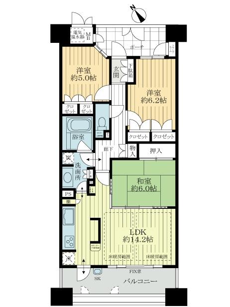 Floor plan. 3LDK, Price 25,900,000 yen, Occupied area 74.08 sq m , Balcony area 12.6 sq m