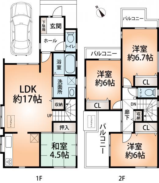 Floor plan. 34,500,000 yen, 4LDK, Land area 90.15 sq m , A building area of ​​97.2 sq m stylish bay windows and the top light living. Gas hot water floor heating Nook adoption. Floor heating to warm by radiant heat by the hot water the whole living-dining from feet. There is no wind-up of dust due to wind, Air also kept clean.