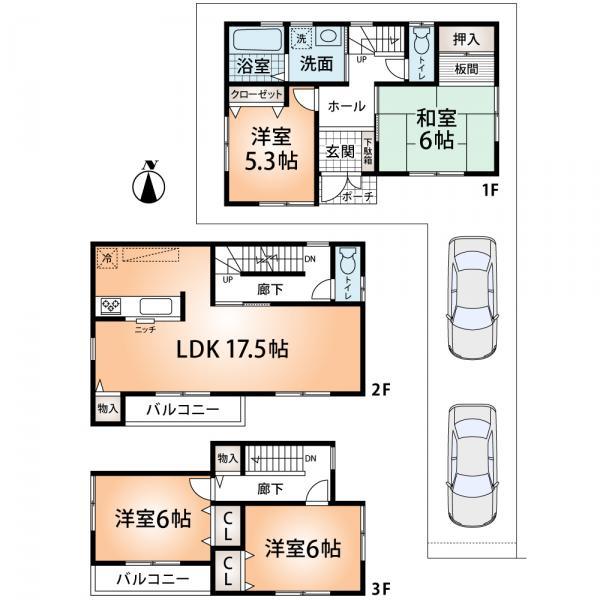 Floor plan. 29,800,000 yen, 4LDK, Land area 92.3 sq m , Building area 104.48 sq m Floor Plan (parking lot two)