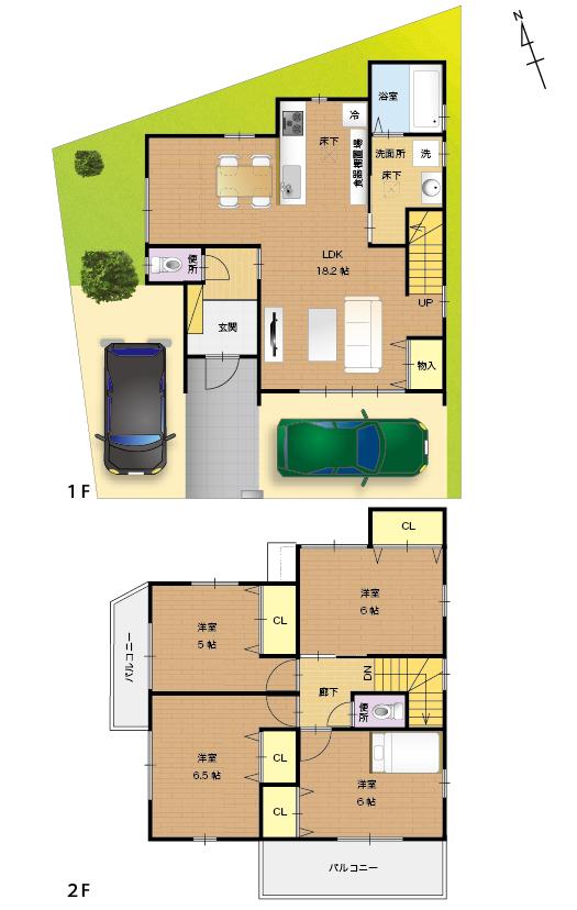 Building plan example (floor plan). Building plan example (No. 5 locations) 4LDK, Land price 8,209,000 yen, Land area 100.51 sq m , Building price 14,965,000 yen, Building area 98.95 sq m
