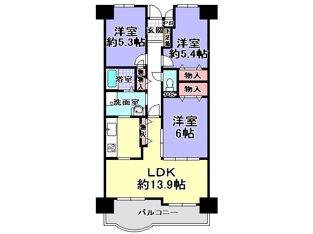Floor plan. 3LDK, Price 9.8 million yen, Occupied area 67.95 sq m , Balcony area 9.09 sq m