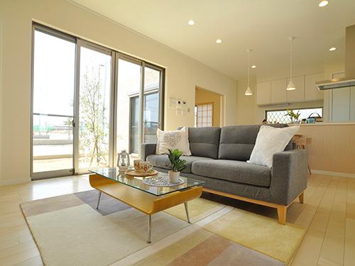 Model house photo. Hospitality friends in a bright living room.