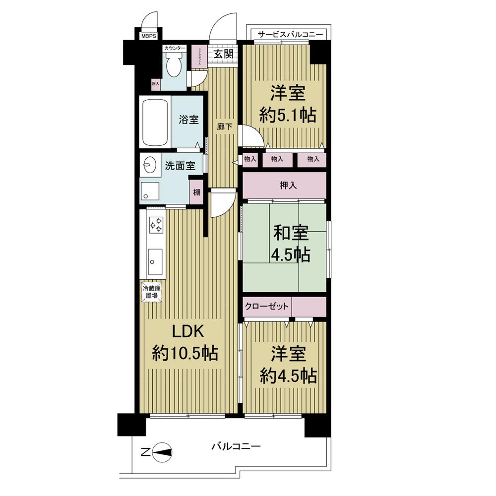 Floor plan. 3LDK, Price 11.3 million yen, Occupied area 61.44 sq m , Balcony area 10.16 sq m