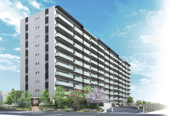 Features of the building.  [appearance] Sky ・ Green ・ Open-minded city skyline is impressive, Stylish appearance to blend in Izumi the center of the landscape. Proud family, Comfortably is the birth of the residence to spend the day-to-day (Rendering)