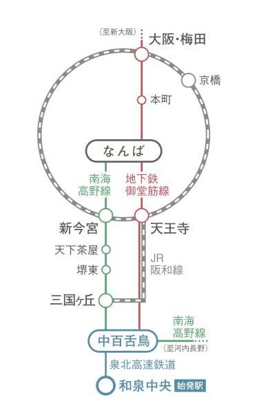 route map. About 34 minutes from "Izumi center" station to "Namba" station