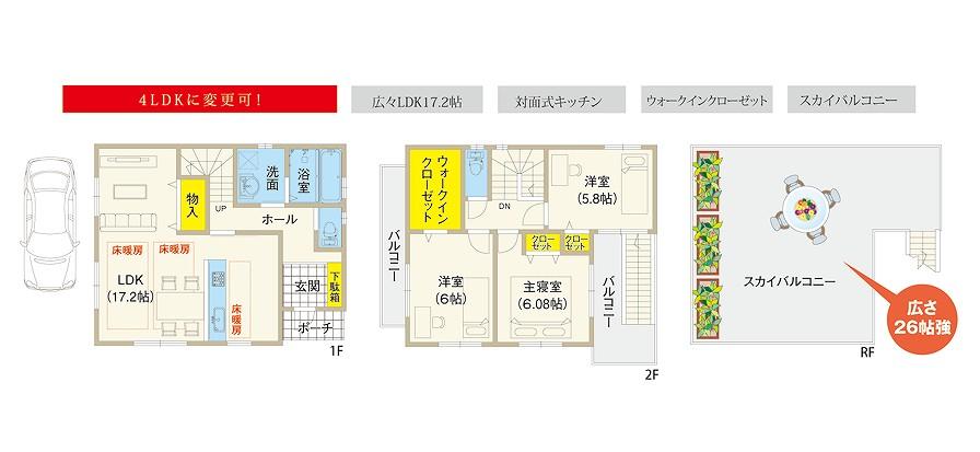 Floor plan. 31,810,000 yen, 4LDK, Land area 80.14 sq m , Building area 89.53 sq m 10 issue areas (RC house): You can choose from floor plans of two patterns! ● LDK17.2 Pledge or ● LDK12.9 Pledge + with tatami
