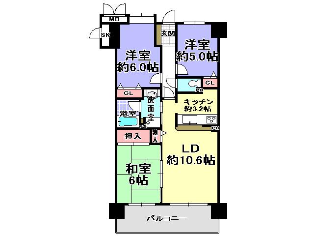 Floor plan. 3LDK, Price 15.8 million yen, Occupied area 65.27 sq m , Balcony area 10.37 sq m