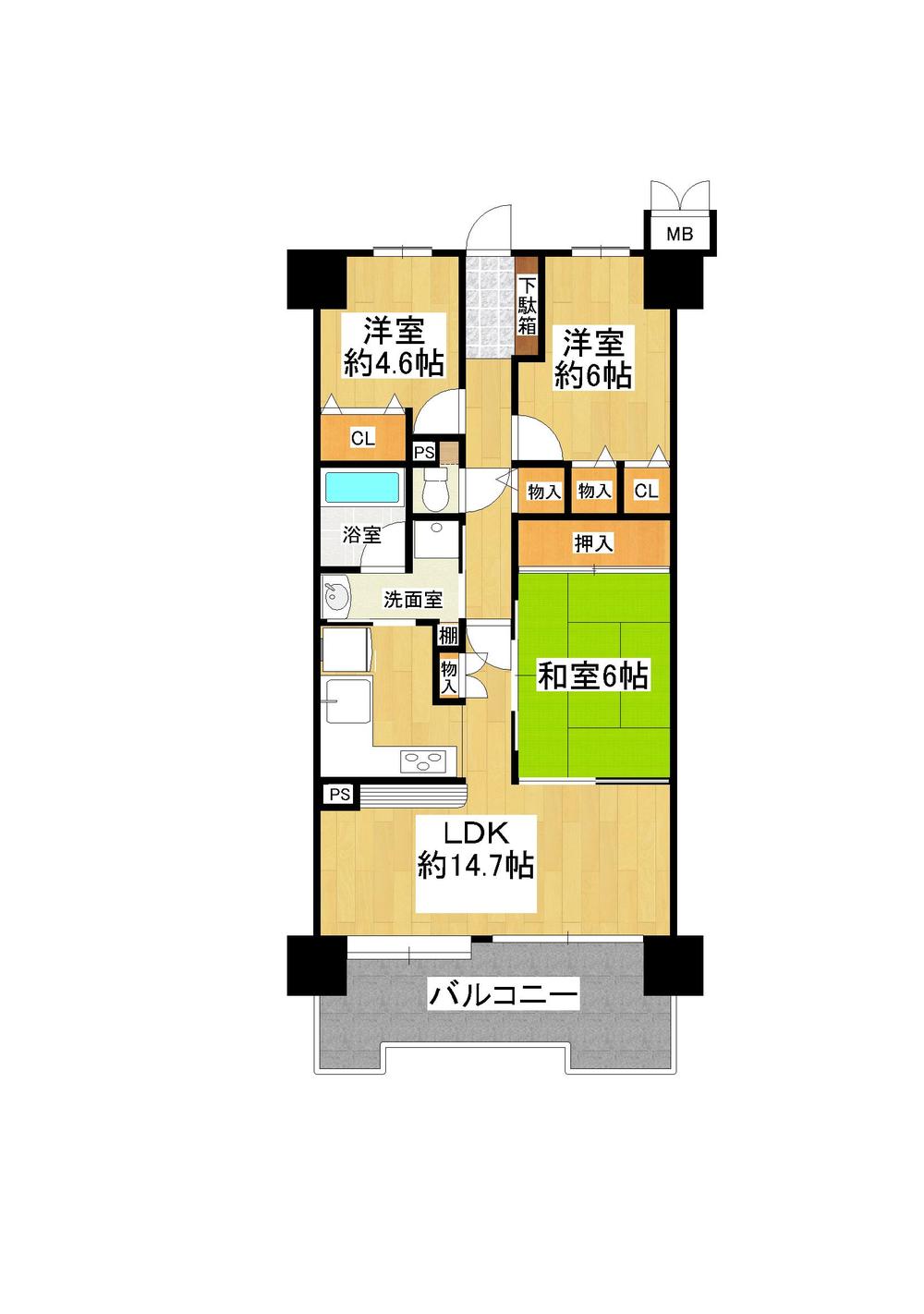 Floor plan. 3LDK, Price 14 million yen, Footprint 70.2 sq m , Balcony area 10.39 sq m