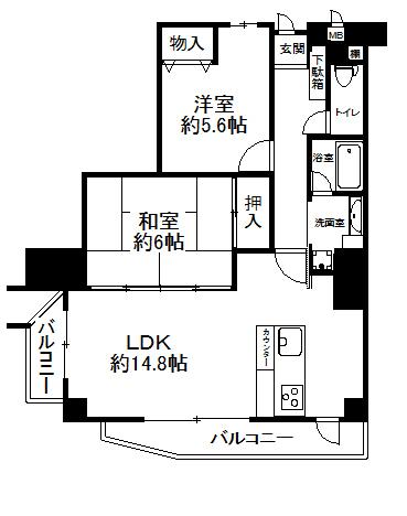 Floor plan. 2LDK, Price 13.6 million yen, Occupied area 60.37 sq m , Balcony area 10.66 sq m east ・ South-facing two-sided balcony!