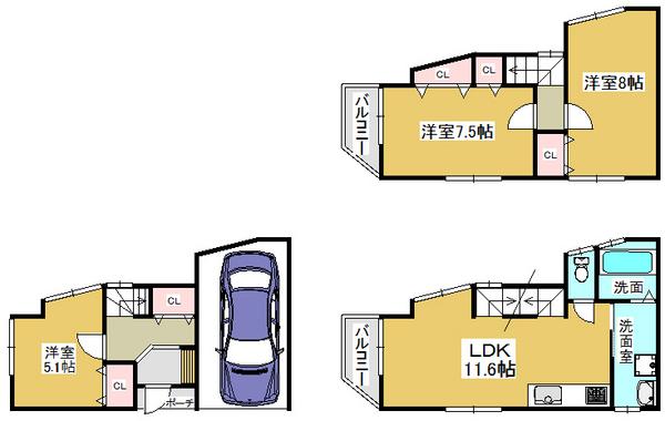Floor plan. 23.8 million yen, 3LDK, Land area 44.86 sq m , Building area 91.08 sq m