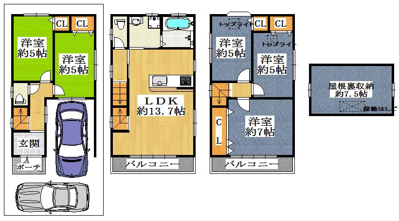Floor plan. 14.8 million yen, 5LDK, Land area 57.41 sq m , Building area 103.26 sq m