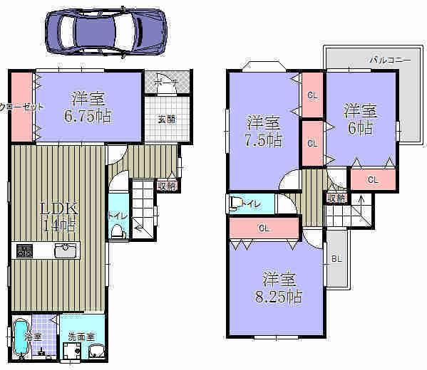 Floor plan. 21.5 million yen, 4LDK, Land area 94.82 sq m , Spacious living space in the building area 100.57 sq m whole room with storage space