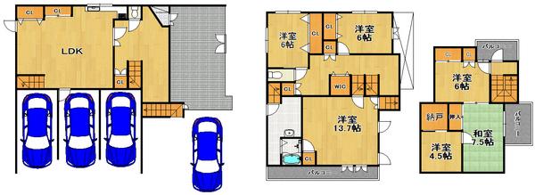 Floor plan. 39,700,000 yen, 7LDK, Land area 195.97 sq m , Building area 226.66 sq m car park is spacious four Allowed