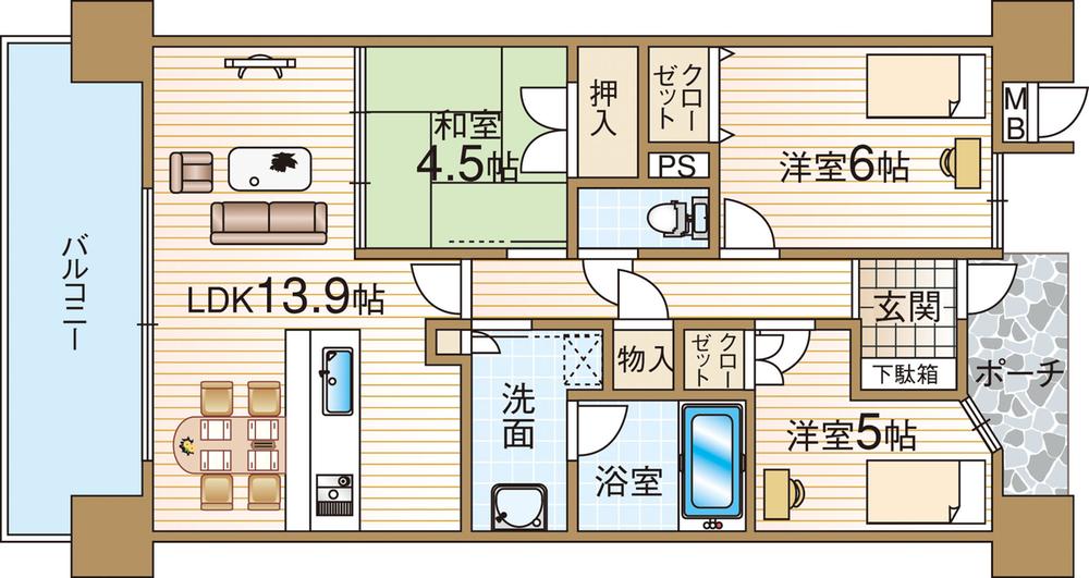 Floor plan. 3LDK, Price 20.8 million yen, Occupied area 66.35 sq m , Balcony area 9.35 sq m 3LDK type! Since built shallow, It has been clean used!