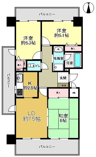 Floor plan. 3LDK, Price 13.8 million yen, Occupied area 60.84 sq m , Balcony area 22.98 sq m