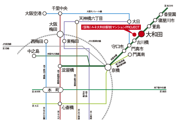 Surrounding environment. 18 minutes from the 3-minute walk, "Owada" station in the interval express to "Yodoyabashi" Station, It can be reached in 12 minutes to "Kyobashi" station. "Yodoyabashi" from the station subway Midosuji, You can use the JR Osaka Loop Line from "Kyobashi" station, It is smooth to the city's main train station. By using the Osaka monorail from "Kadoma" Station is 40 minutes to the "Osaka Airport" station (Access view ※ Duration of the train is slightly different depending on the time zone. Transfer ・ Does not include waiting time)
