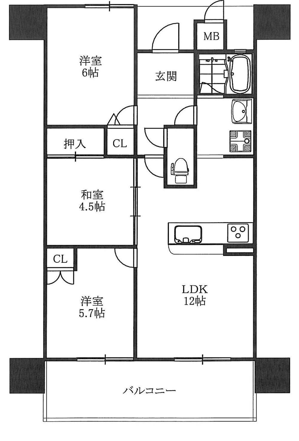 Floor plan. 3LDK, Price 18,800,000 yen, Occupied area 54.42 sq m , Balcony area 12.63 sq m