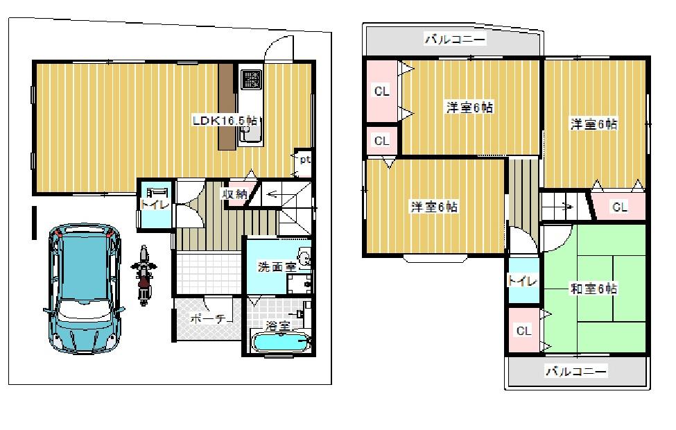 Floor plan. 25,900,000 yen, 4LDK, Land area 82.04 sq m , Building area 92.2 sq m   ☆ On the second floor in the spacious parking space 4 Tsunoo room.  ☆ Toilet also available on each floor, Convenient.  ☆ Like dying Japanese-style room because there is also a Japanese-style room!