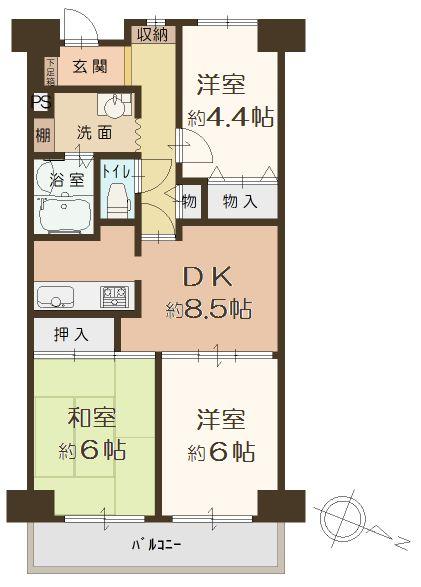 Floor plan. 3DK, Price 13.8 million yen, Occupied area 61.22 sq m , Balcony area 7.84 sq m   [Floor plan]