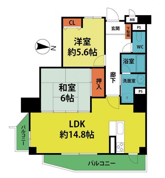 Floor plan. 2LDK, Price 13.6 million yen, Occupied area 60.37 sq m , Balcony area 10.66 sq m