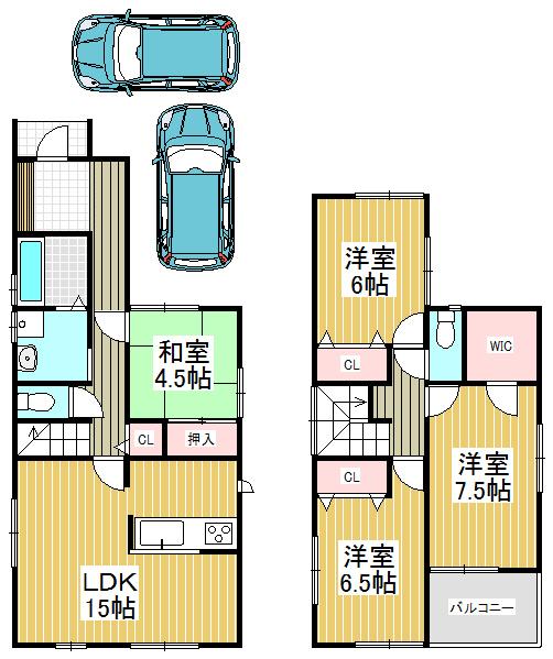 Floor plan. 27,800,000 yen, 4LDK, Land area 117.12 sq m , Building area 100.61 sq m 4LDK + walk-in closet + parking space two secured