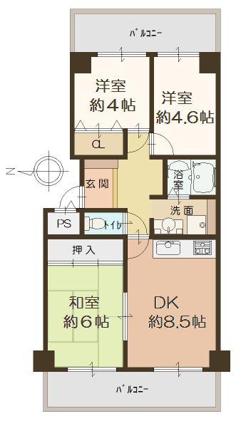 Floor plan. 3DK, Price 9.9 million yen, Occupied area 55.87 sq m , Balcony area 14.72 sq m   [Floor plan]