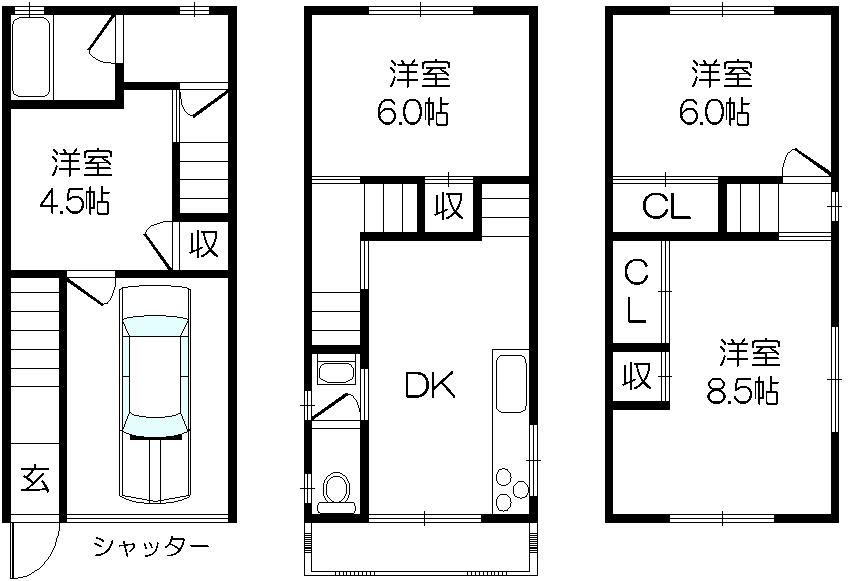 Floor plan. 8.8 million yen, 4DK, Land area 41 sq m , Is a floor plan of the building area 85.05 sq m 4DK + garage garage with shutter