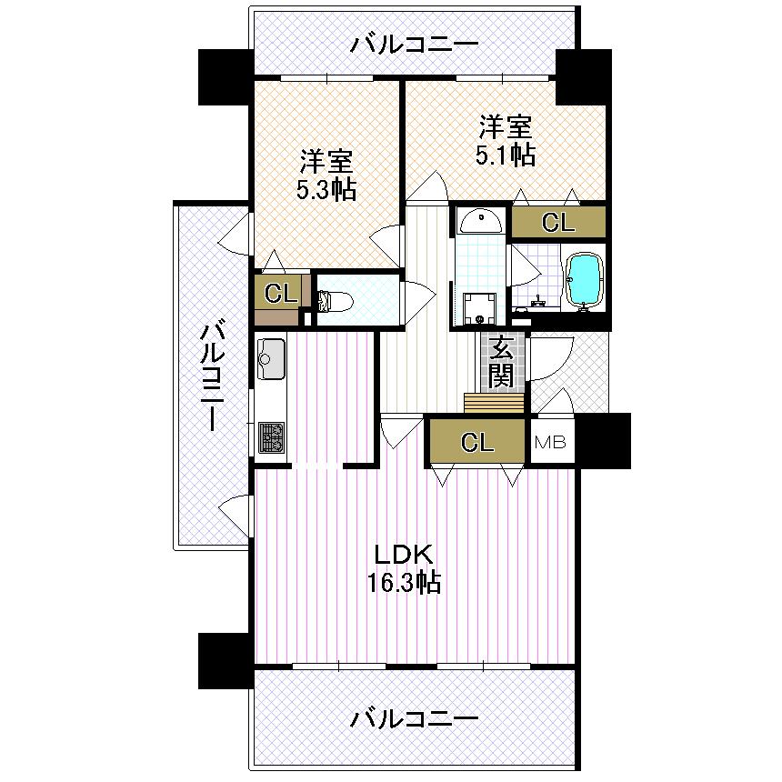 Floor plan. 2LDK, Price 14.9 million yen, Occupied area 60.84 sq m , Balcony area 22.98 sq m