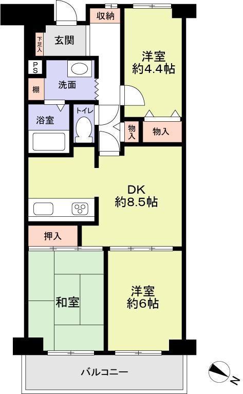 Floor plan. 3DK, Price 13.8 million yen, Occupied area 61.22 sq m , Balcony area 7.84 sq m
