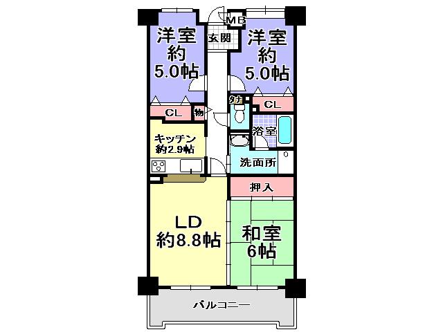 Floor plan. 3LDK, Price 10.8 million yen, Occupied area 63.41 sq m , Balcony area 8.88 sq m