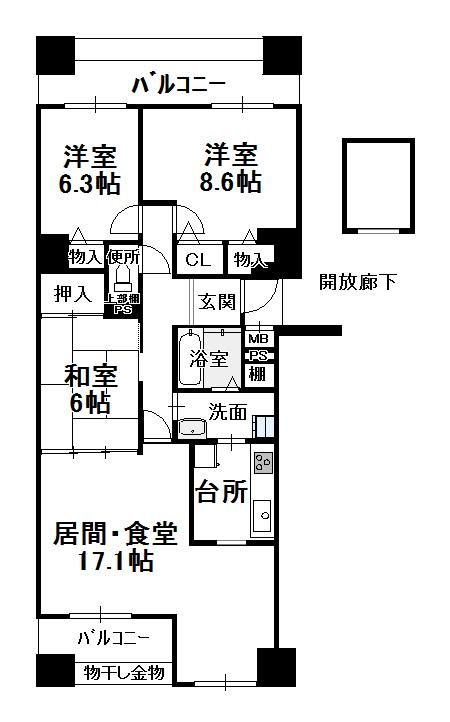 Floor plan. 3LDK, Price 6.3 million yen, Occupied area 88.72 sq m , Balcony area 16.61 sq m